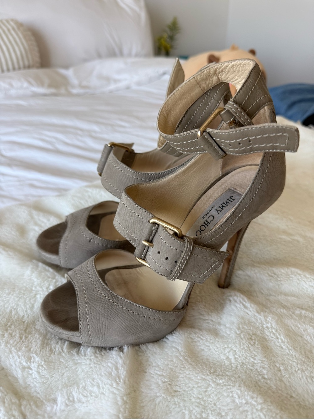 Jimmy Choo Taupe Leather Buckle-Strap Stiletto Sandals
